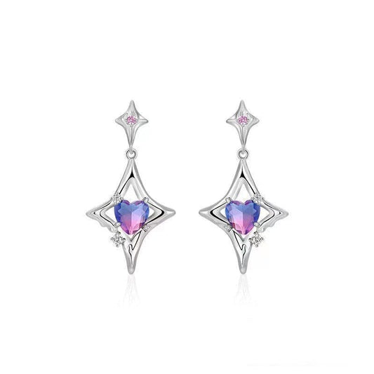 Silver star-shaped drop earrings with heart-shaped purple-pink crystals and small clear stones
