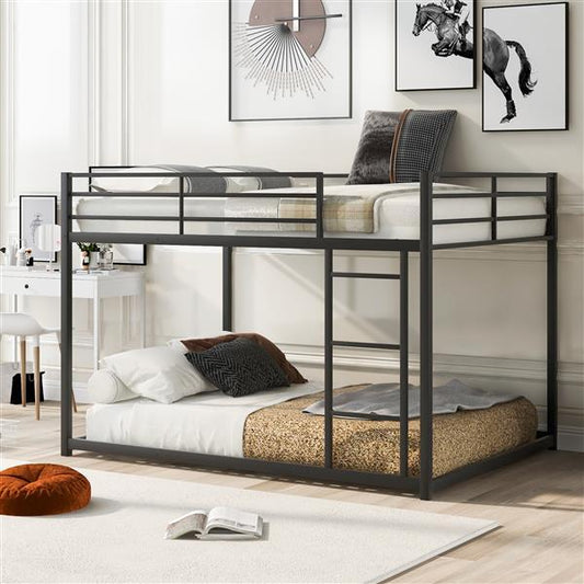 Modern black metal bunk bed with twin upper and full lower mattresses in a bright bedroom