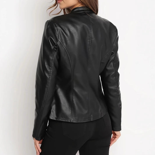 Women’s Elegant Short PU Leather Jacket – Long Sleeve Cropped Commuter Coat (S–XXL)