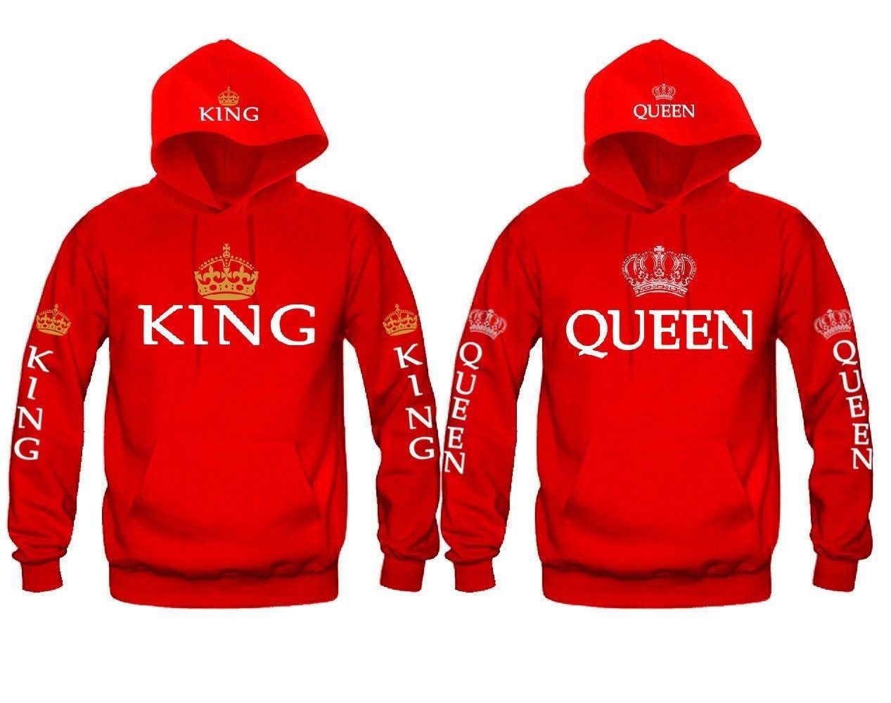 Red hoodies with King and Queen text and crown graphics on front, sleeves, and hoods