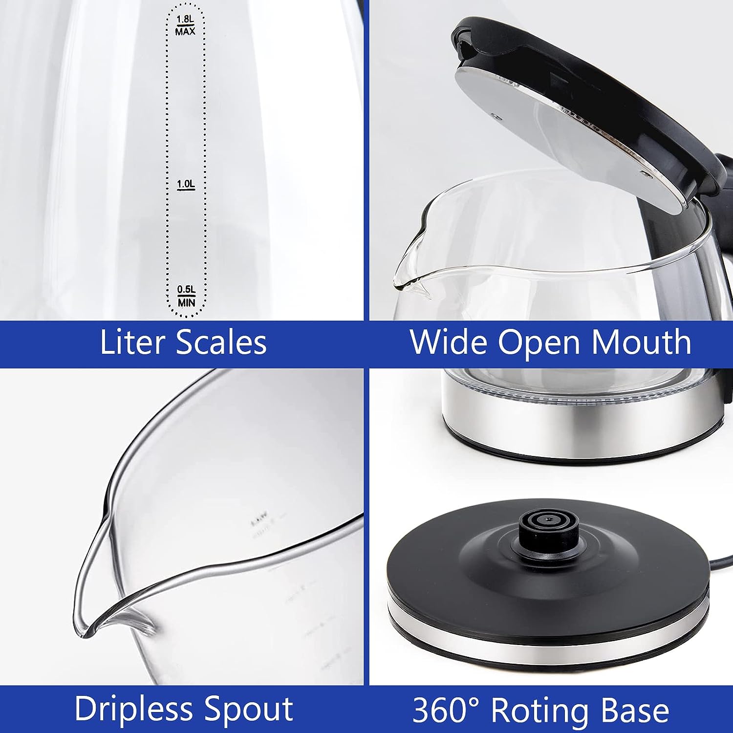 NEW Electric Kettle Water Boiler, 1.8L Electric Tea Kettle, Wide Opening Hot Water Boiler With LED Light, Auto Shut-Off & Boil Dry Protection, Glass Black