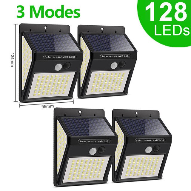 Four black solar sensor wall lights with 128 LEDs each and 3 lighting modes, solar panel on top