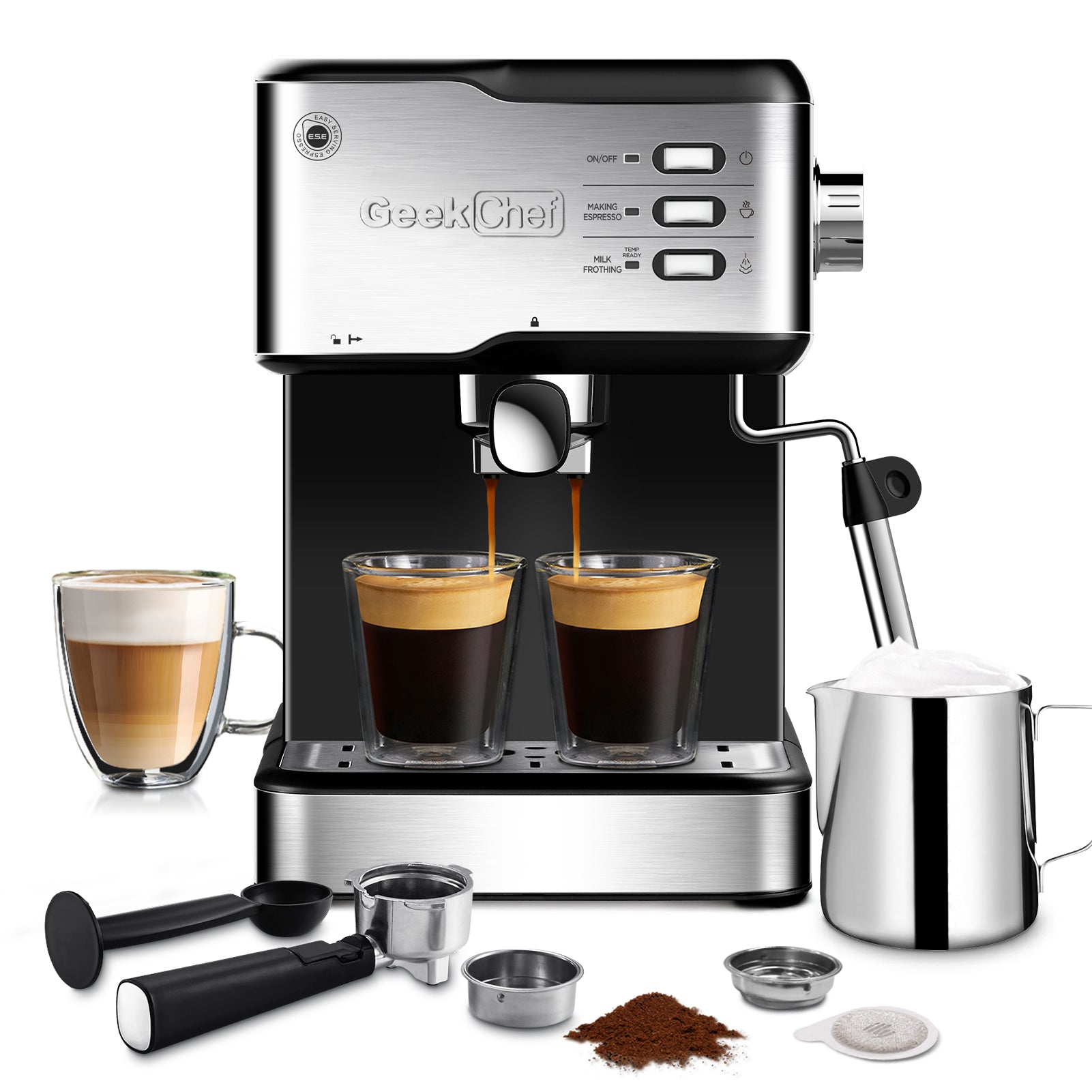 NEW Chef Espresso Machine, Espresso & Cappuccino Latte Maker 20 Bar Coffee Machine Compatible With ESE POD Capsules Filter&Milk Frother Steam Wand, 950W, 1.5L Water Tank Ban On Amazon