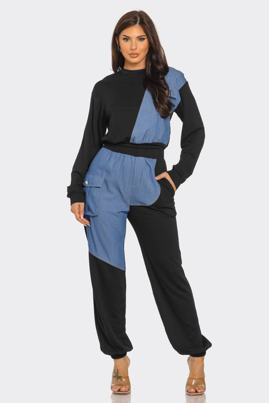 French Terry Color Block Denim Detail Top Pockets Pants Set