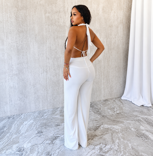 Women’s Luxe Backless Halter Wide-Leg Jumpsuit Set