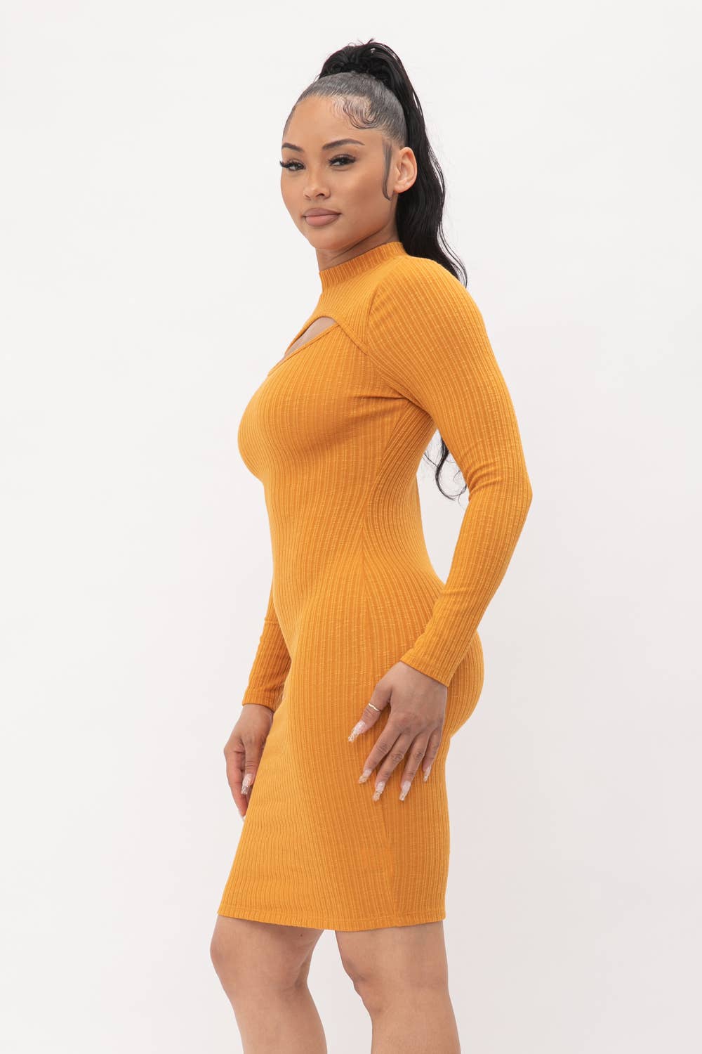 Mustard Ribbed Cutout Bodycon Dress