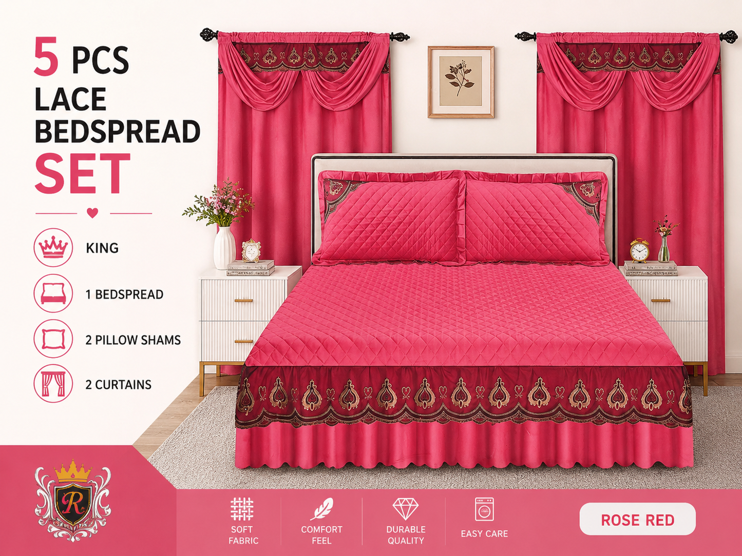 Rose Red 5-Piece Lace Bedspread Set – King Size