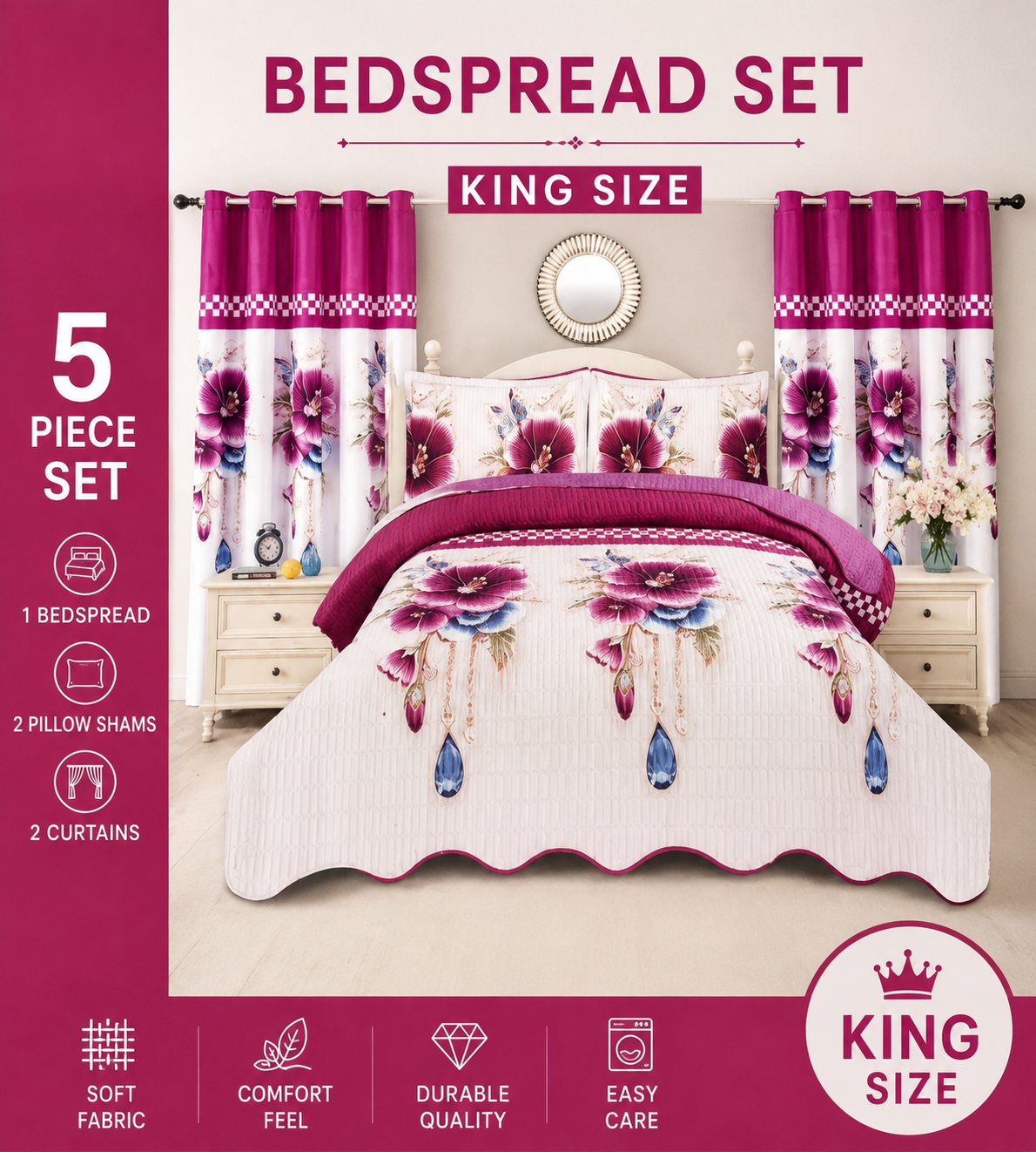 Lucia Floral 5-Piece King Bedspread Set