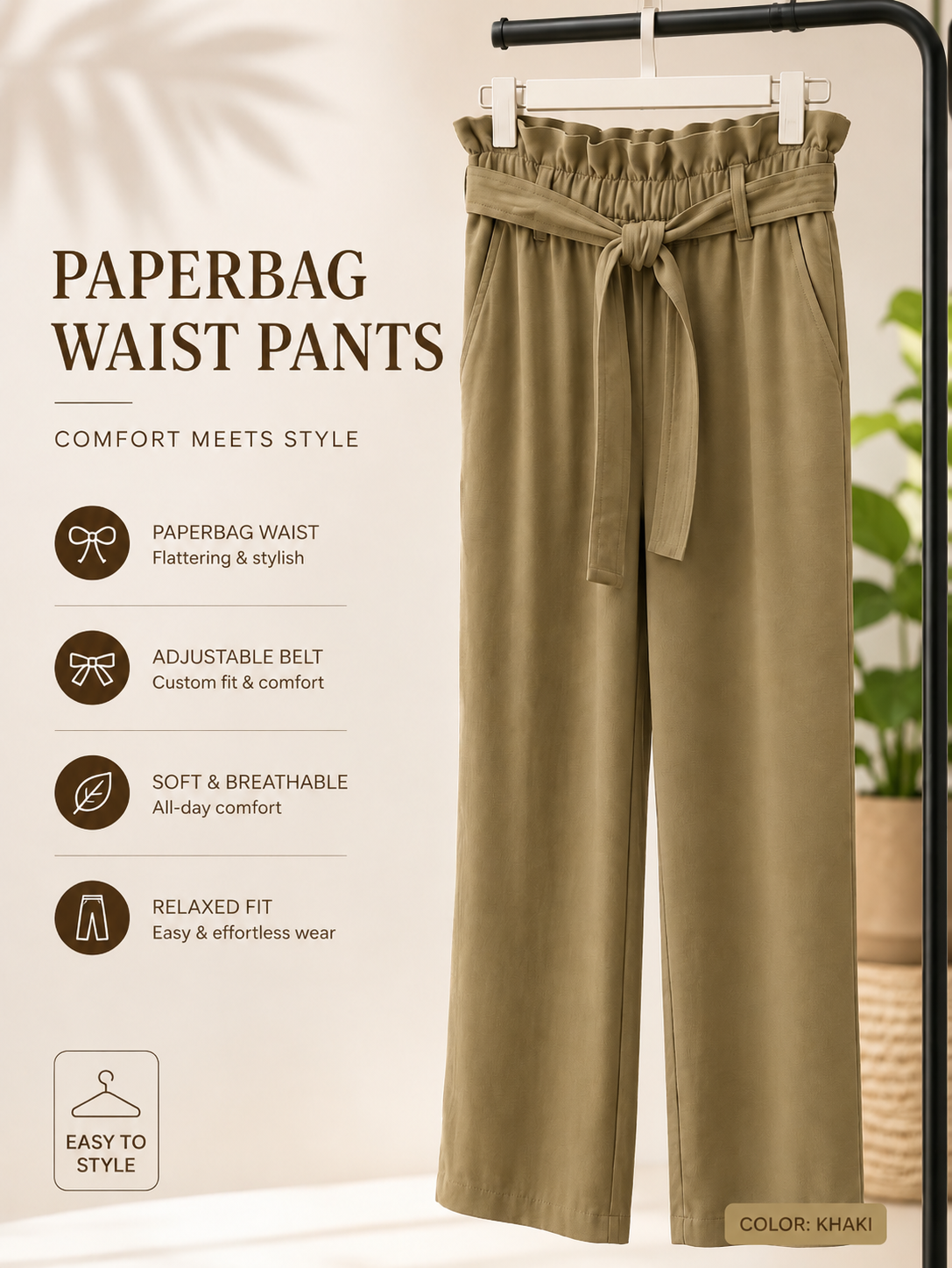Women’s Paperbag Waist Wide-Leg Pants with Tie Belt