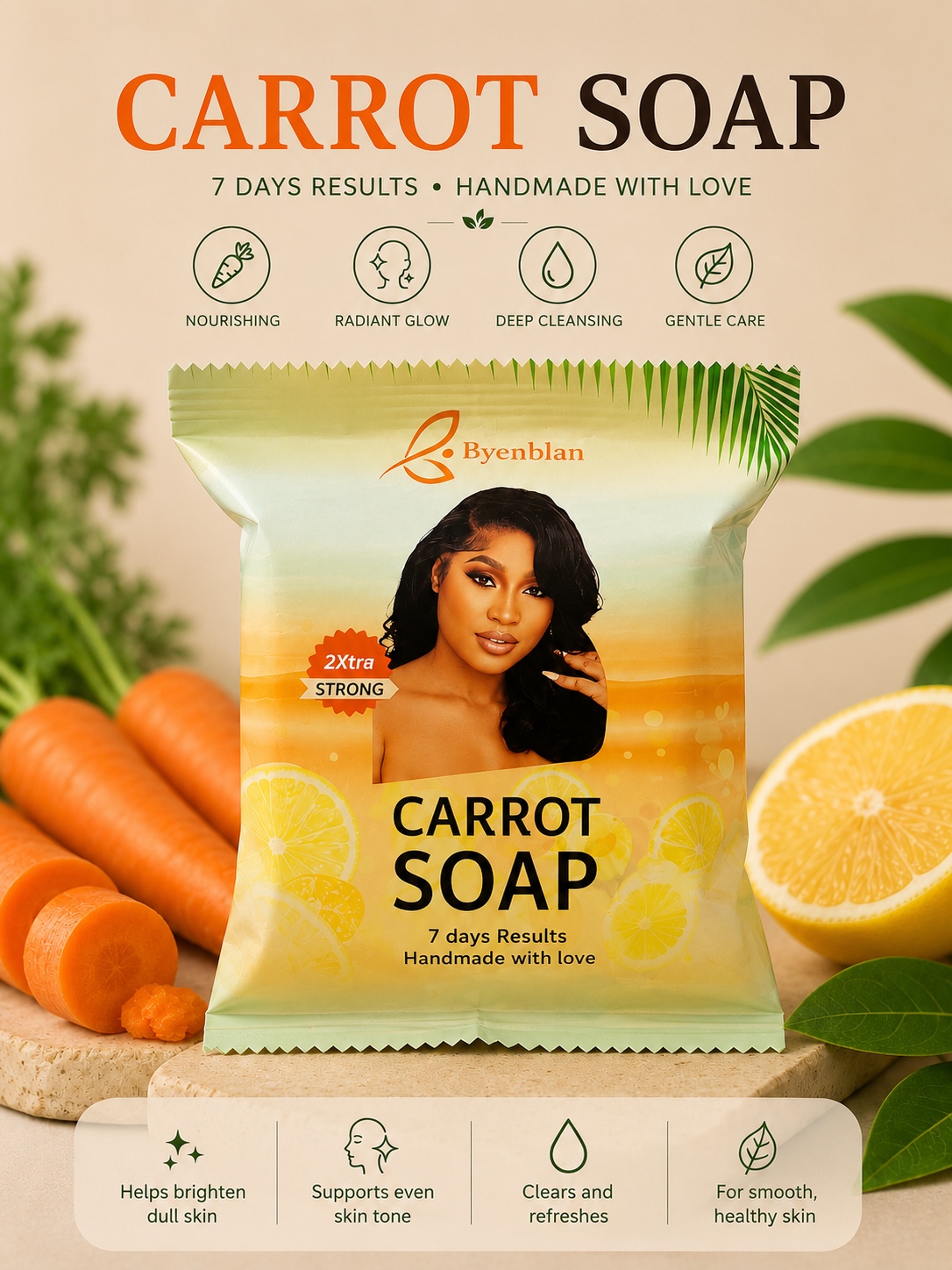 Byenblan 2X Extra Strong Carrot Soap – Brightening & Moisturizing Bar | 7-Day Formula
