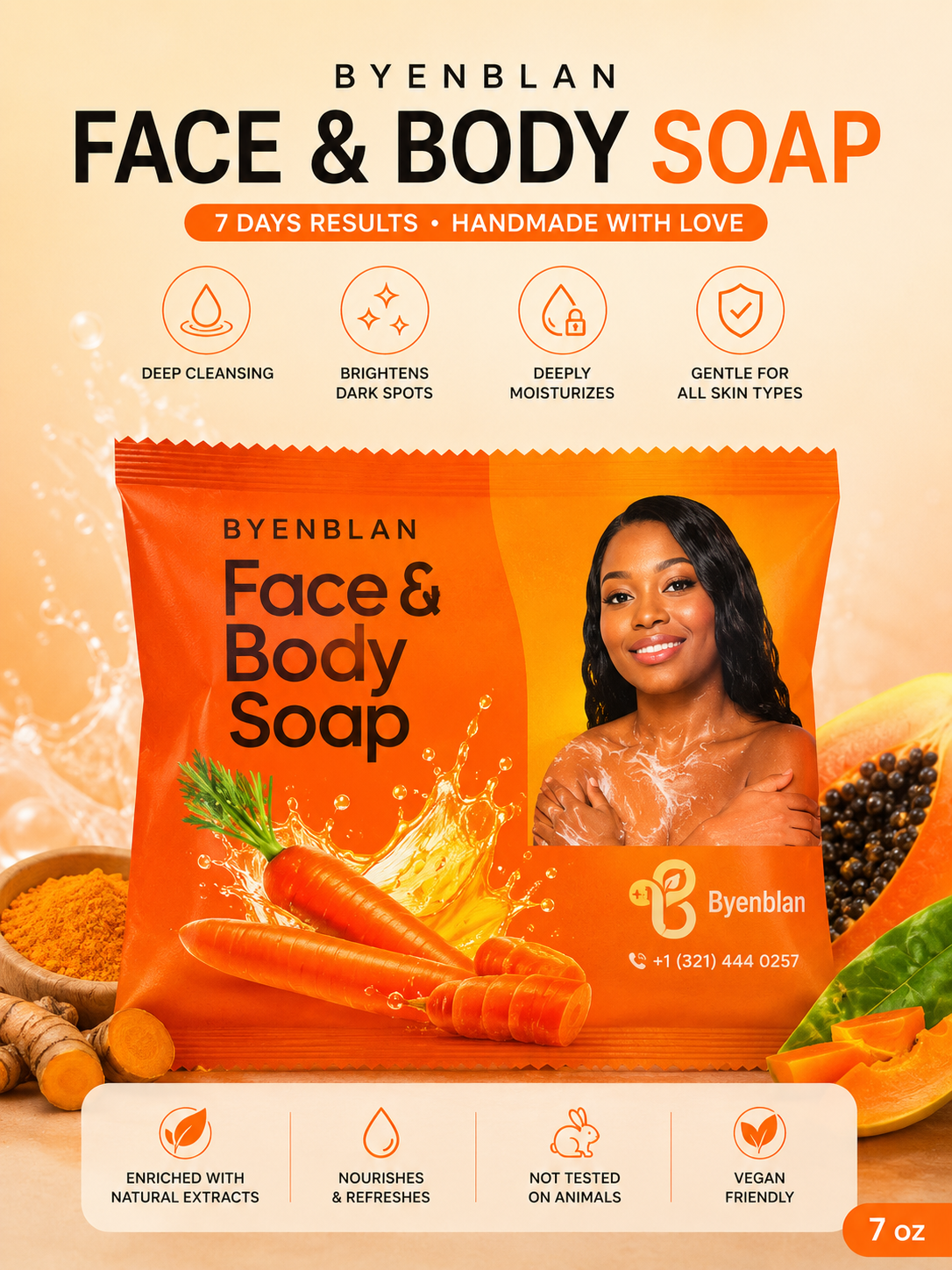 Byenblan Carrot Face & Body Soap – Brightening & Moisturizing Bar | 7 oz
