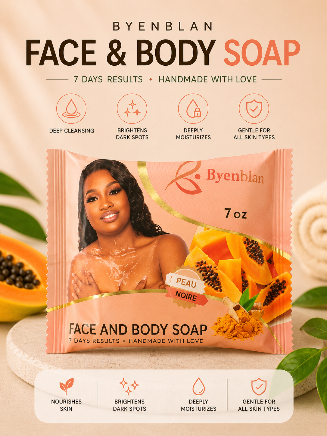 Byenblan Papaya Face & Body Soap – Brightening & Moisturizing Bar | 7 oz
