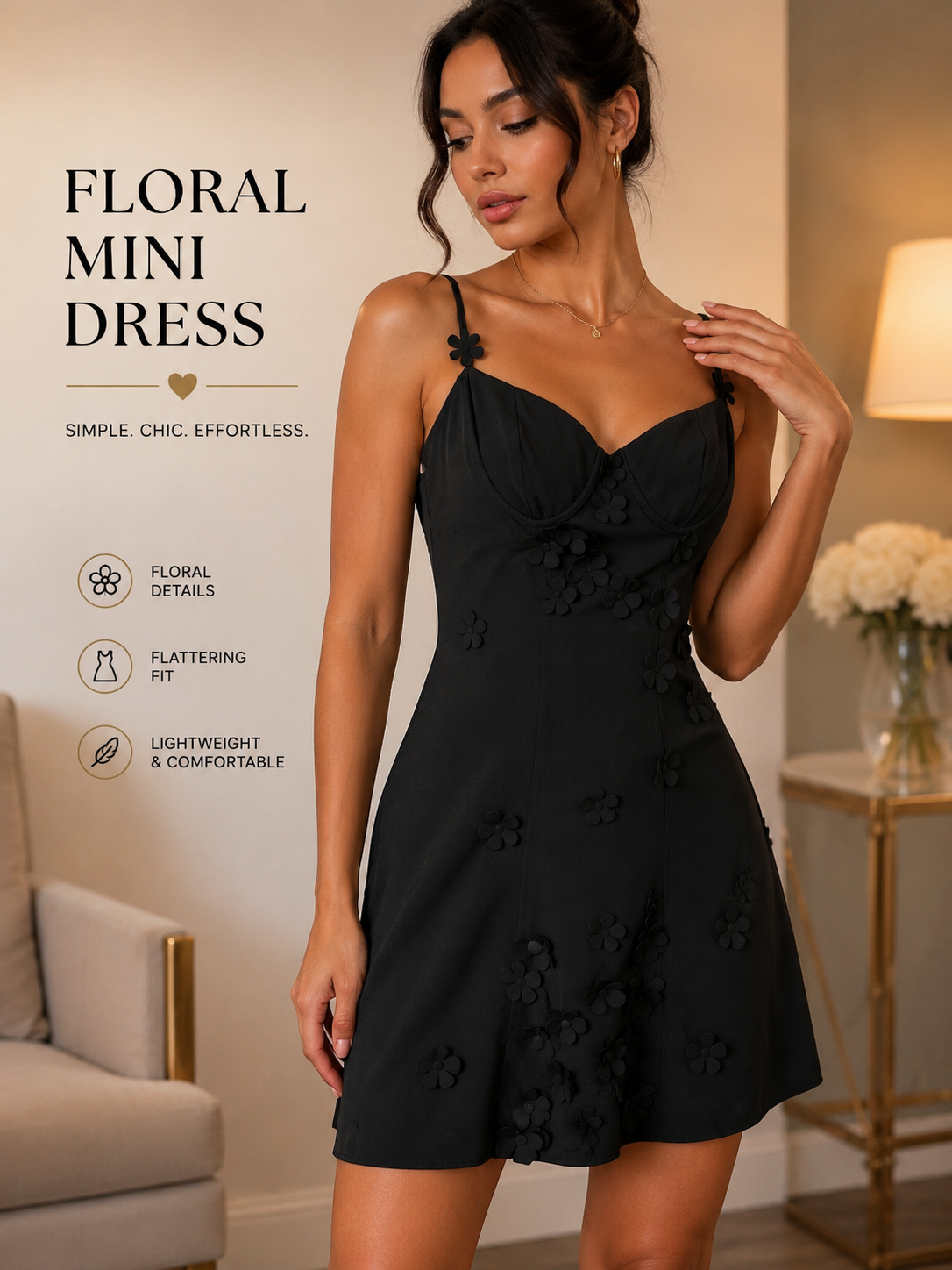 Women’s Black Floral Appliqué Mini Dress