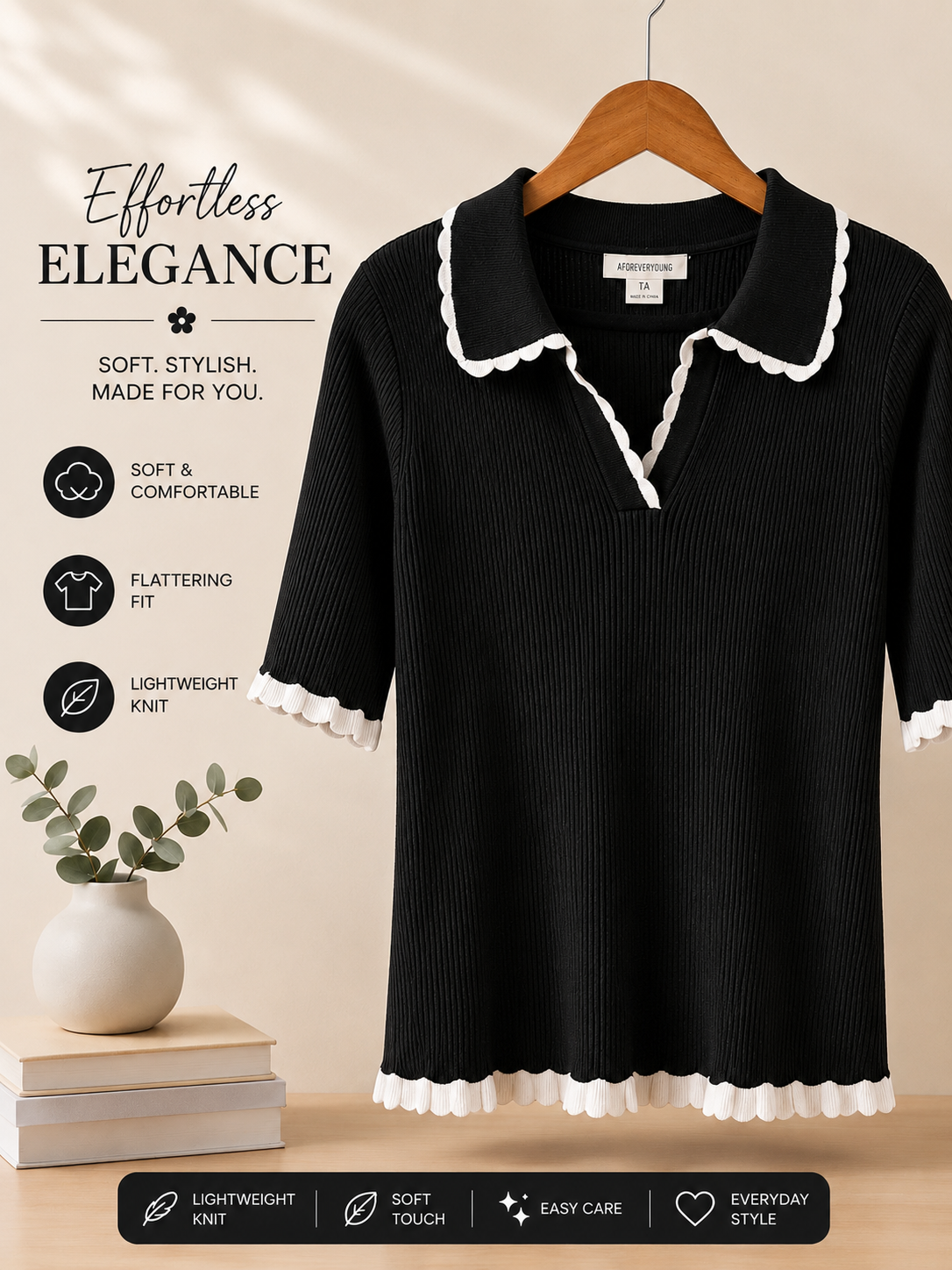 Women’s Ribbed Knit Polo Top – Black