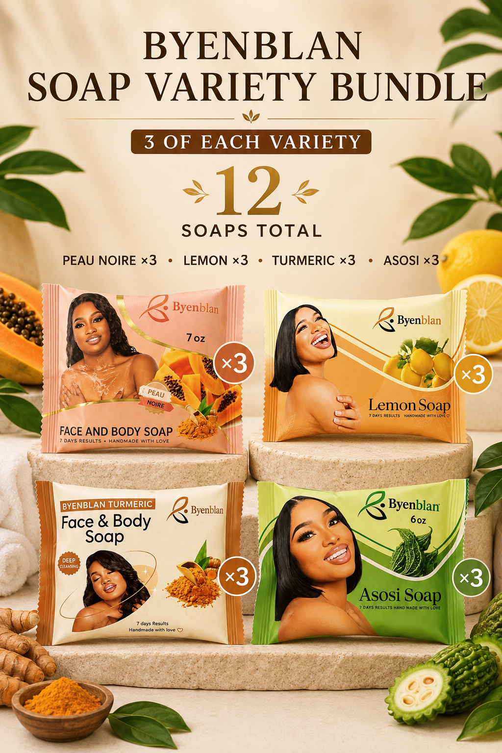 Byenblan Soap Variety Bundle 12 Pack Peau Noire Lemon Turmeric Asosi