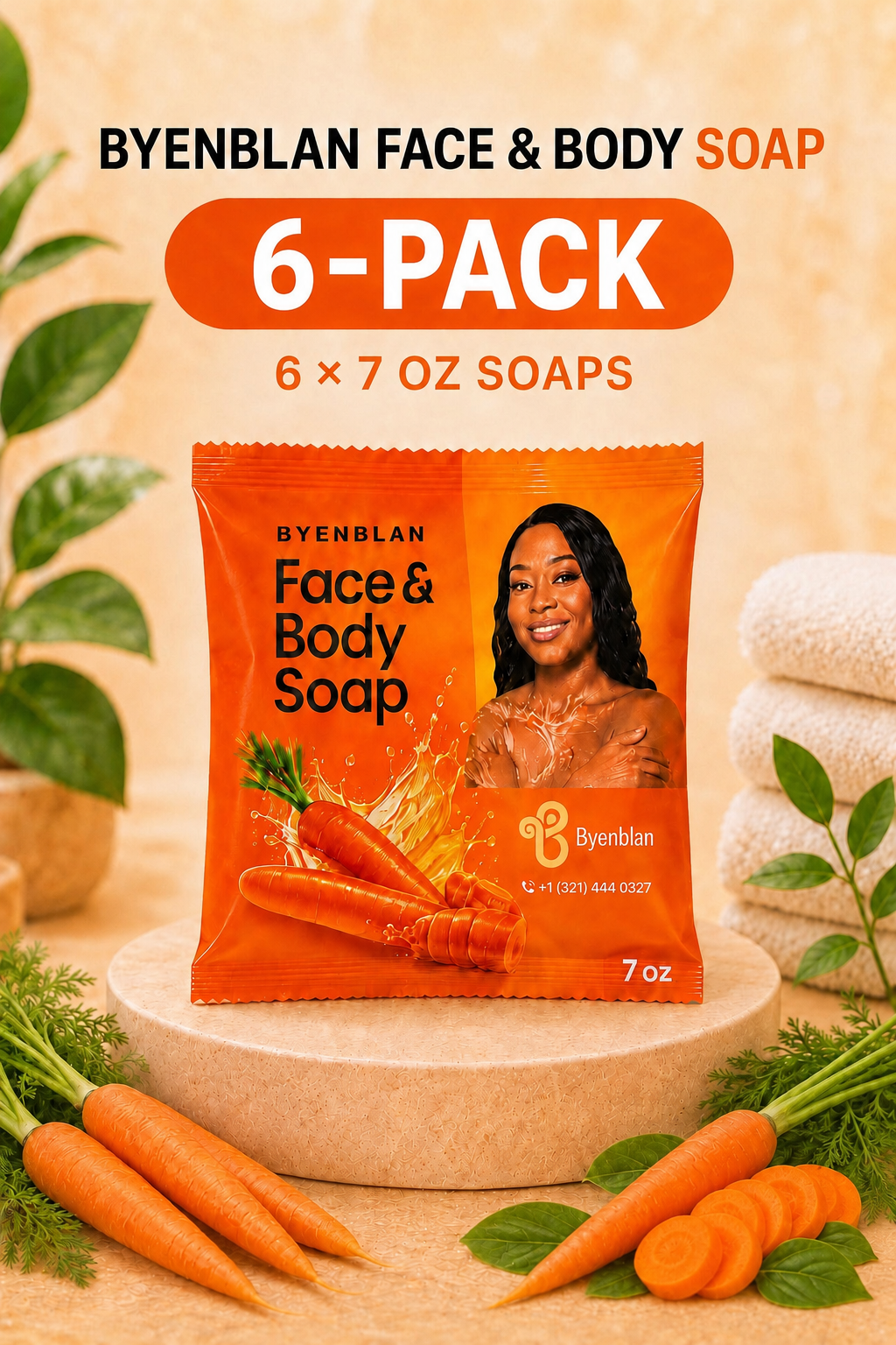 Byenblan Carrot Face & Body Soap 6-Pack 7 oz Cleansing Bars Full Size