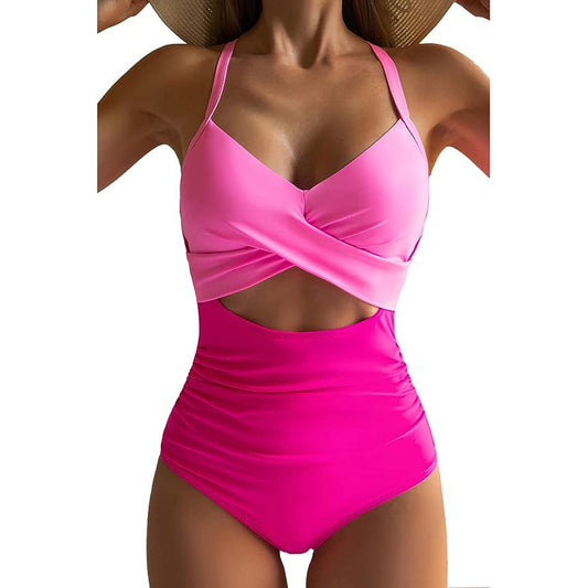 woman wearing pink two-tone cut-out one-piece bikini swimsuit and sun hat