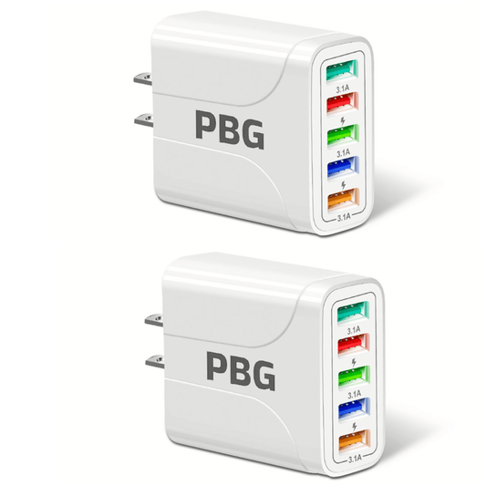 White PBG 5-port USB wall charger with colorful ports and 3.1A output, dual view