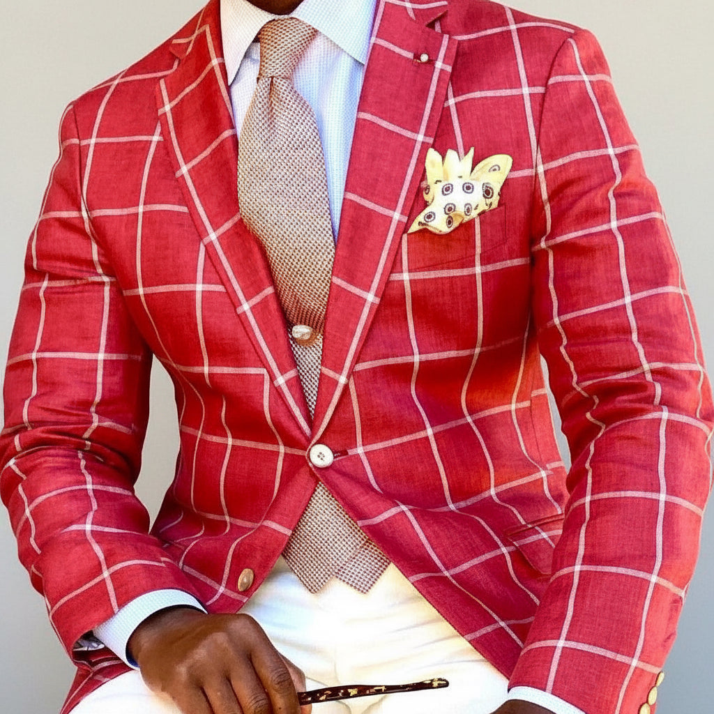 Man wearing red checkered blazer with yellow patterned pocket square, brown tie, and white pants
