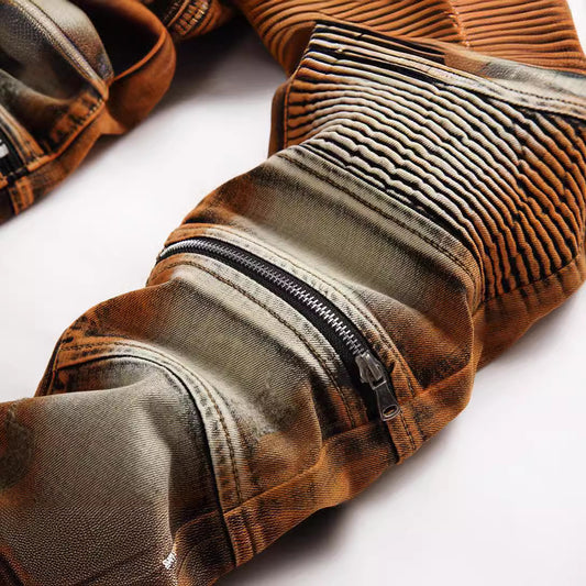 Men’s Orange Denim Cropped Skinny Jeans – Tapered Fit Cotton Pants