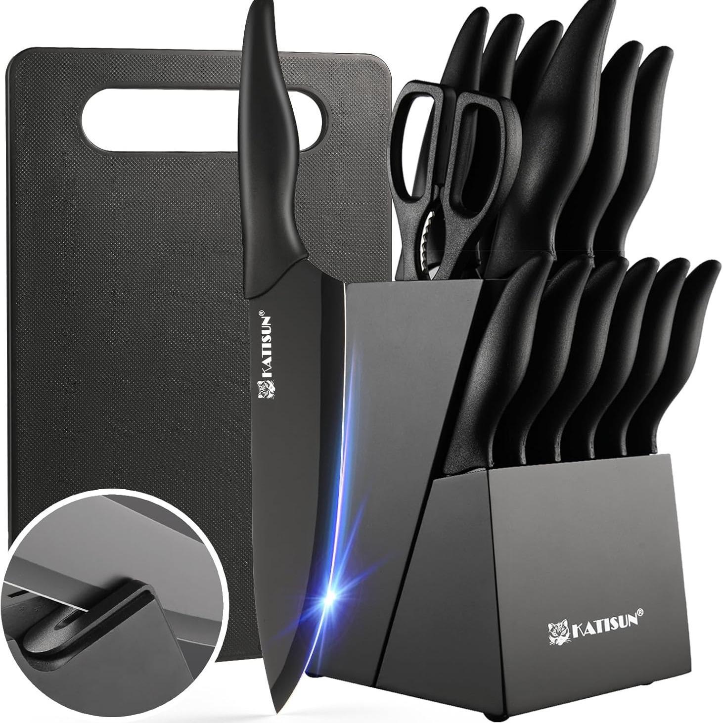 German High Quality Stainless Steel 16 Piece Kitchen Knife Set With Cutting Board Built-in Knife Sharpener Dishwasher Safe 6 Steak Knives Non-slip Handles