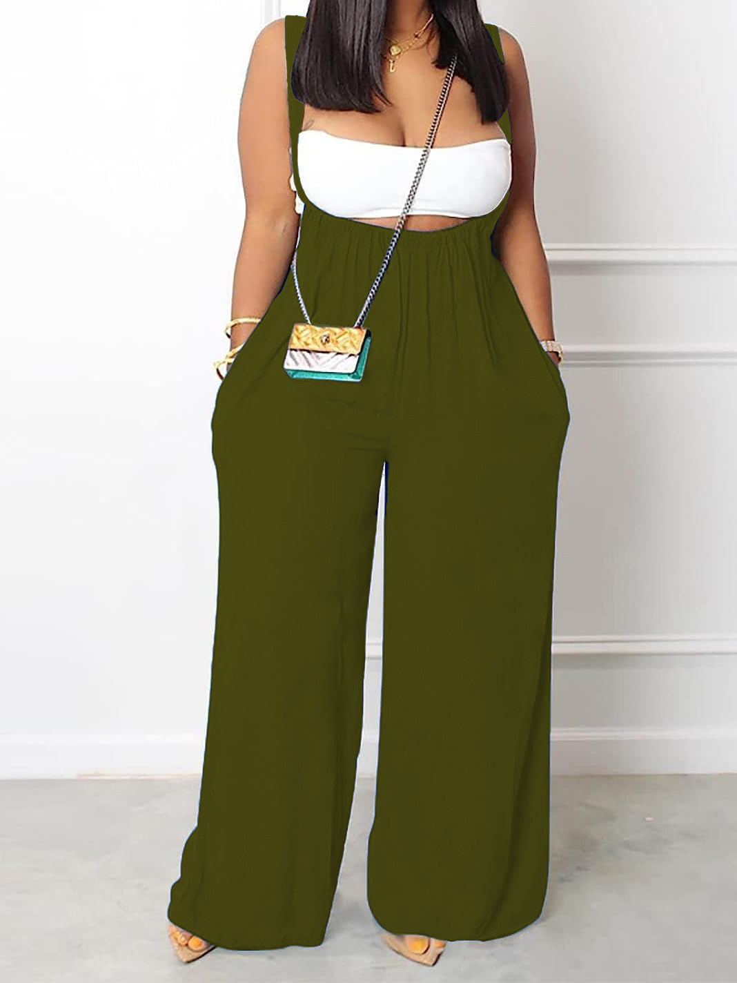 NEW Plus Size Solid Color Pocket Overalls Casual Women&