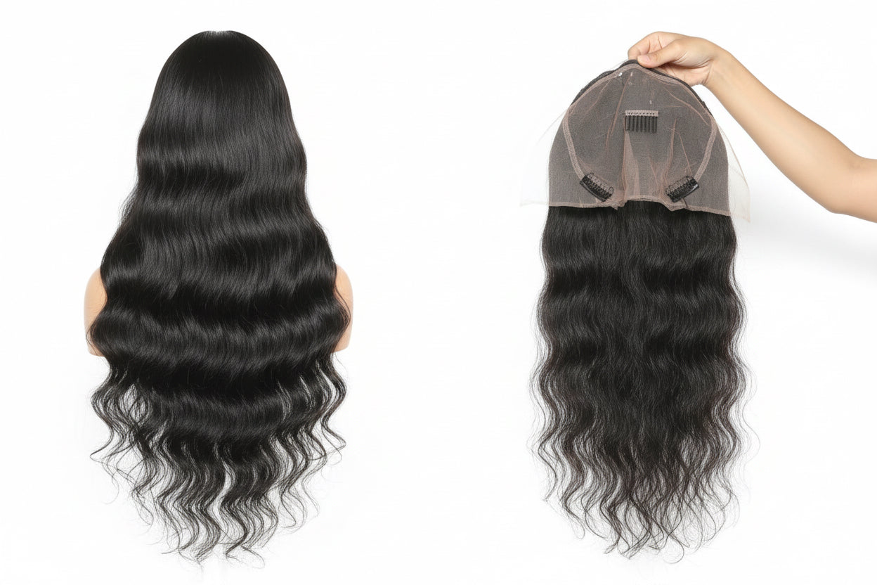 Long wavy black hair extensions and lace frontal piece held in hands on a showroom floor