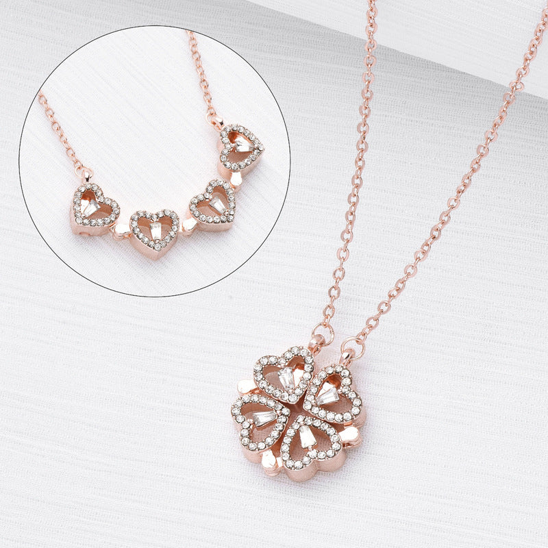 NEW Retro Magnetic Folding Heart Shaped Four Leaf Clover Pendant Necklace Women Love Clavicle Chain Gifts Openable Choker Jewelry