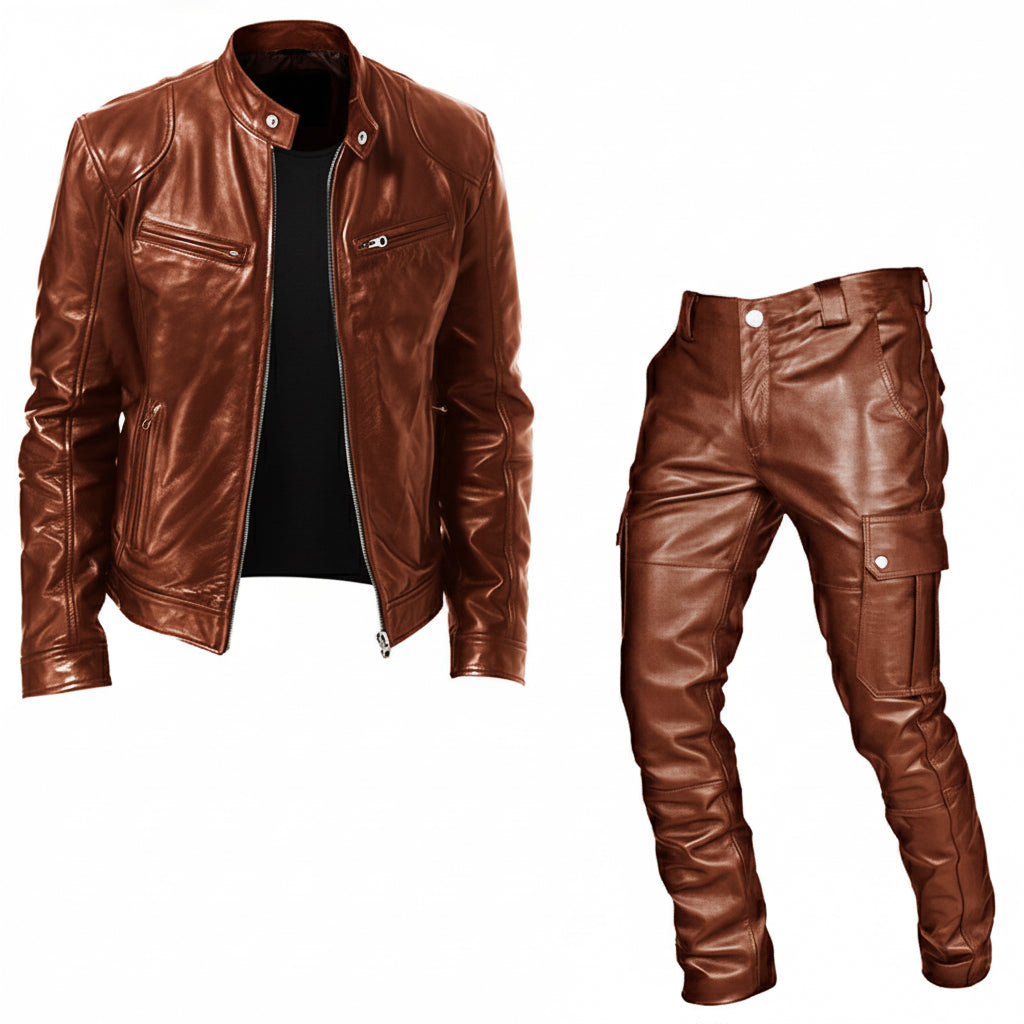brown leather jacket with zipper and matching cargo leather pants on white background