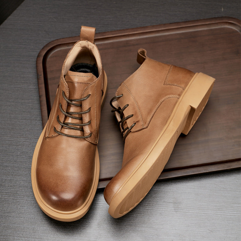 Martin NEW Boots Fashion Leather Boots Flat Lace-up Mid-top Boots Casual All-match Men&