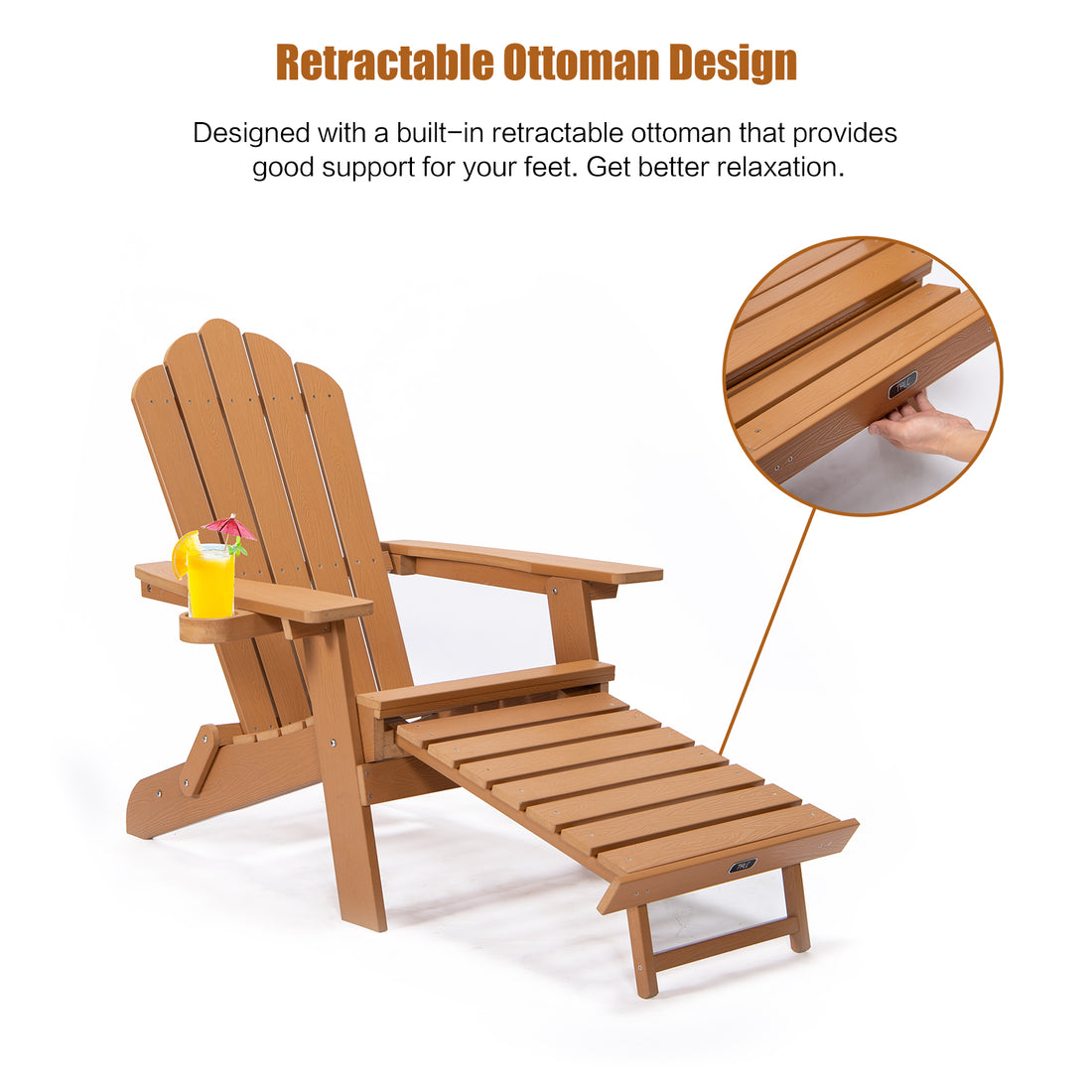 NEW TALE Folding Adirondack Chair With Pullout Ottoman With Cup Holder, Oversized, Poly Lumber,  For Patio Deck Garden, Backyard Furniture, Easy To Install,.Banned From Selling On Amazon