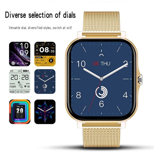 Gold mesh strap smartwatch with diverse digital and analog dial styles for versatile time display
