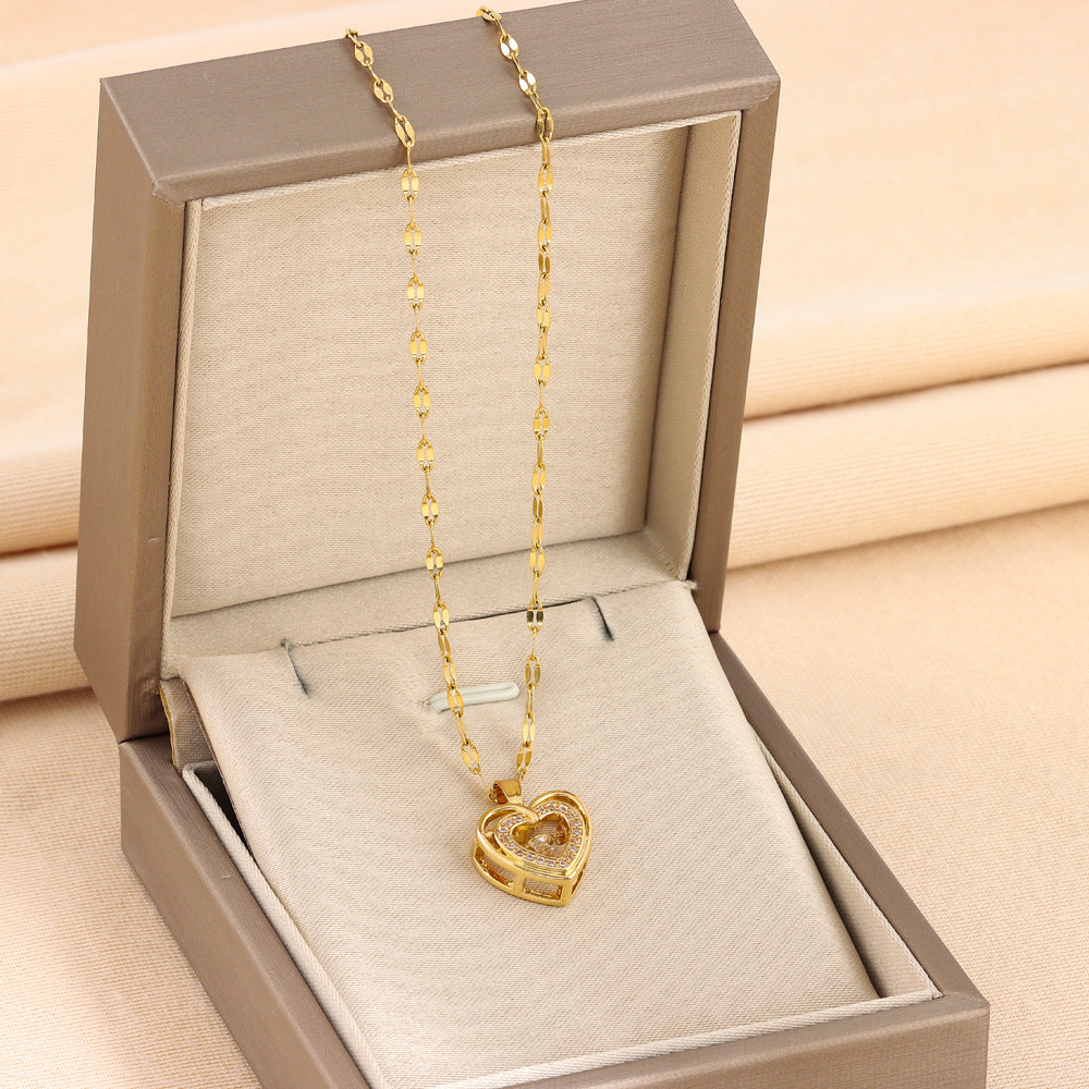 new Double-layer Love Necklace With Rhinestones Titanium Steel Pendant Fashion Jewelry Woman Valentines Day Gift