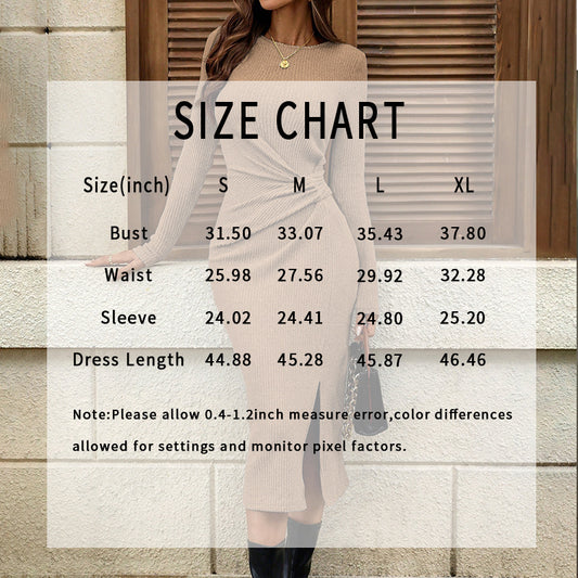Size chart overlay on woman wearing beige knit bodycon dress with side slit and black boots