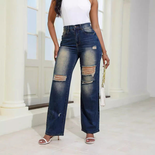 Women’s High-Waist Straight-Leg Jeans – Vintage Wash Long Pants