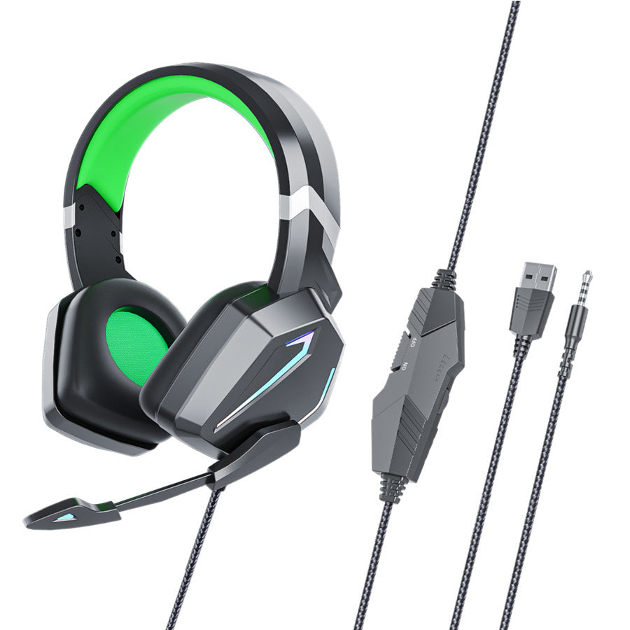 Black and green gaming headset with adjustable microphone, USB and 3.5mm jack connectors, and inline volume control