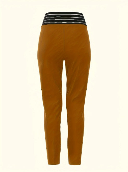Brown slim-fit leggings with a black and white striped waistband, casual activewear pants