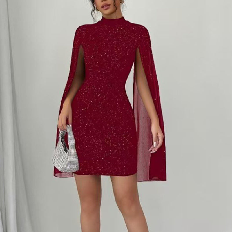 Women’s Glitter Bodycon Mini Dress with Mock Neck & Cloak Sleeves – Party & Evening Cocktail Dress