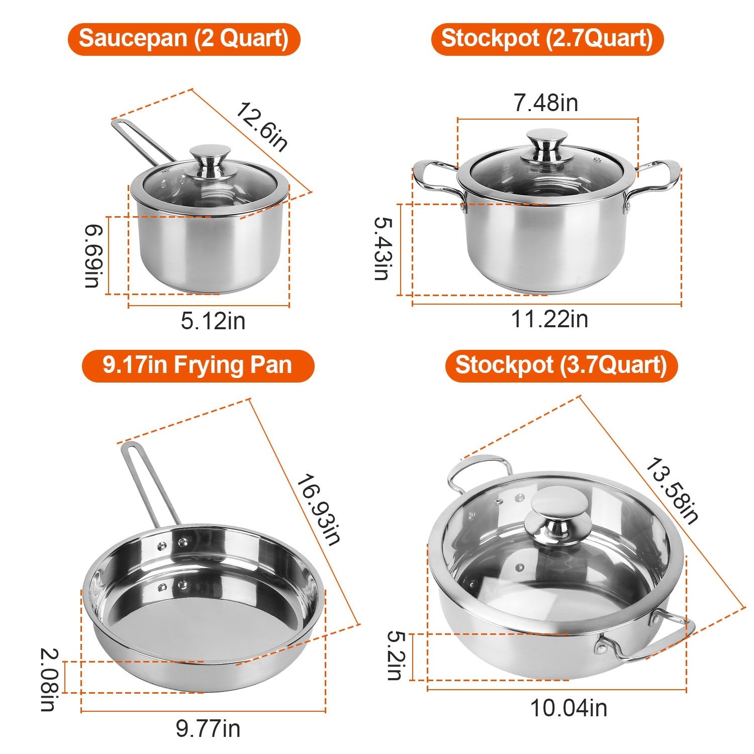 4Pcs Stainless Steel Cookware Set Frying Pan 2Quart Saucepan 2.7Quart 3.7Quart Stockpot With Lid Dishwasher