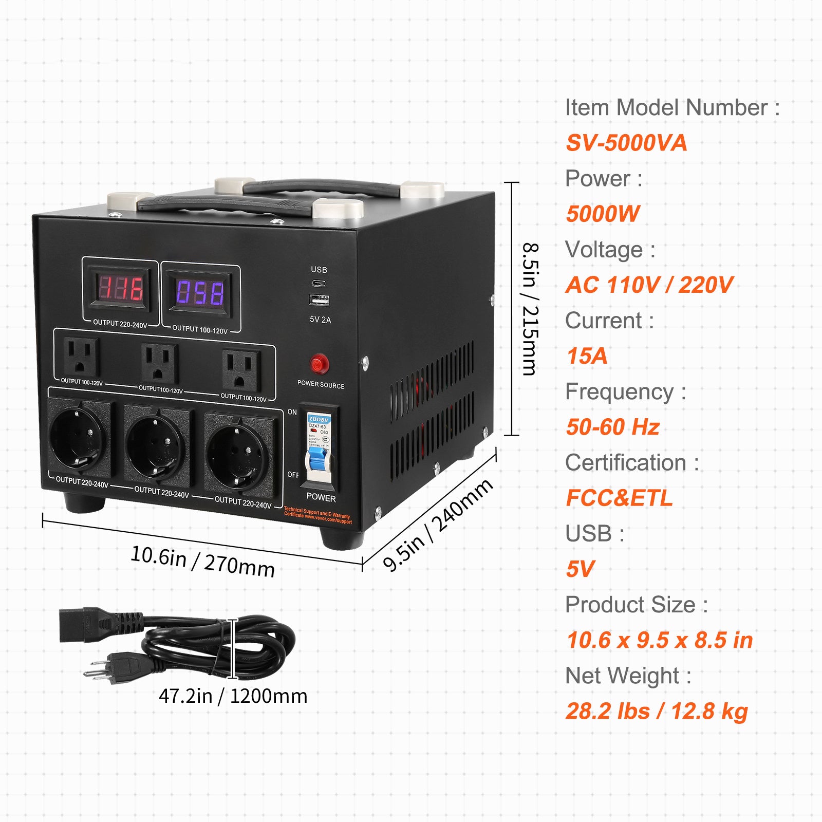 NEW Voltage Converter Transformer, 5000W, Heavy Duty Step Up Down Transformer, Convert From 110 Volt To 220 Volt And From 220 Volt To 110 Volt, With US Outlet EU Outlet 5V USB Port, CE Certified