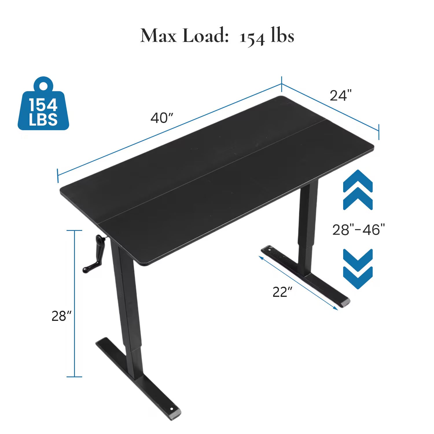 NEW Hand-Crank Adjustable Office Desk Height Adjustable, With Flat Metal Legs