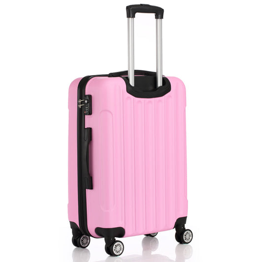 Pink hard-shell suitcase with telescopic handle and four spinner wheels on white background