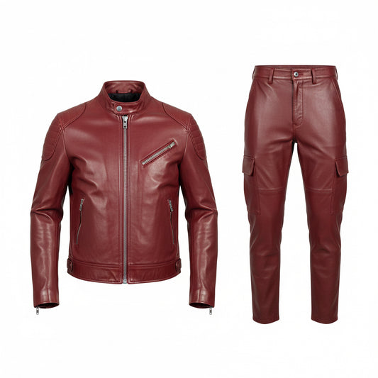 Burgundy leather biker jacket and matching leather cargo pants set with zipper details