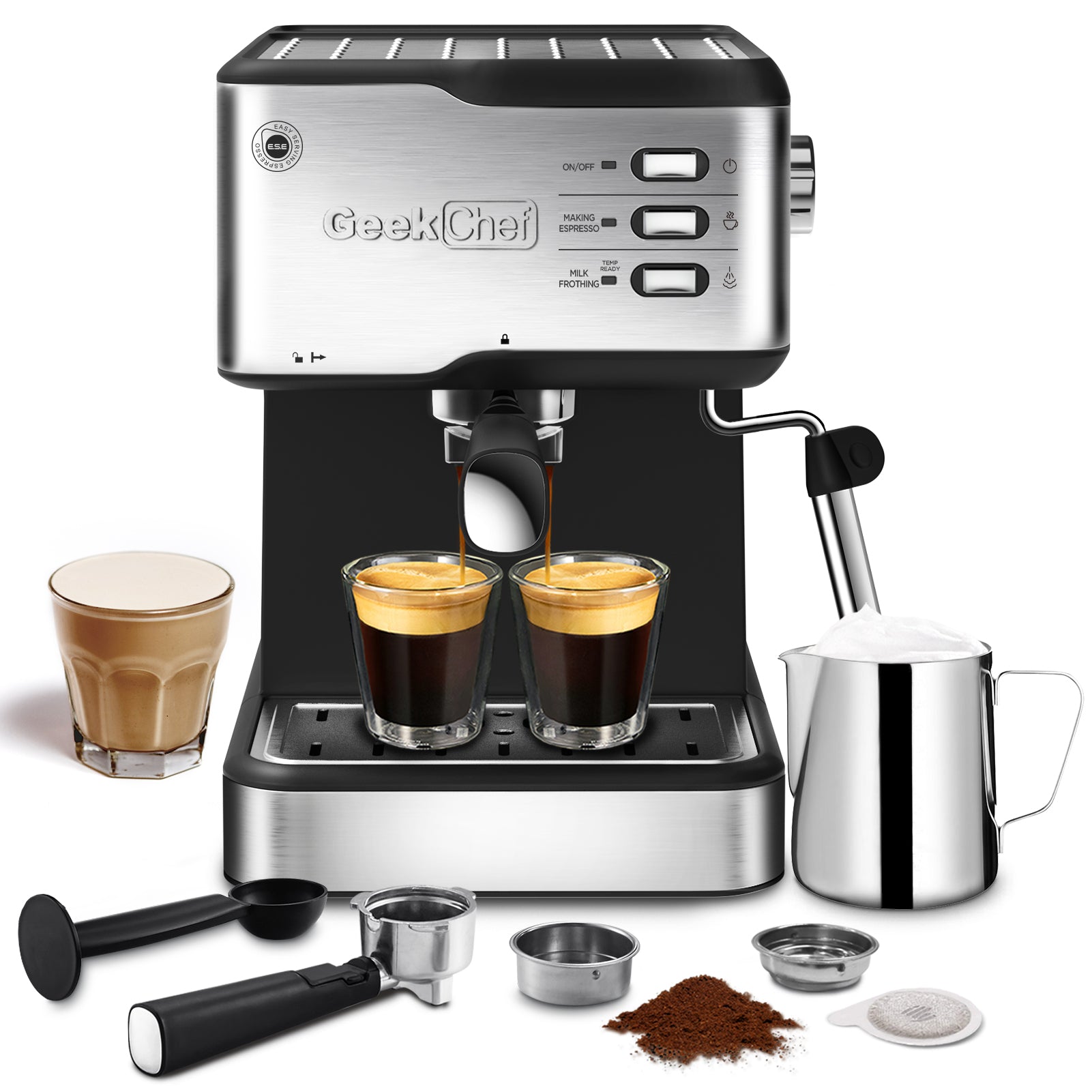 NEW Chef Espresso Machine, Espresso & Cappuccino Latte Maker 20 Bar Coffee Machine Compatible With ESE POD Capsules Filter&Milk Frother Steam Wand, 950W, 1.5L Water Tank Ban On Amazon