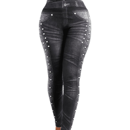 Women's black high-waisted skinny jeans with white stud and lace side detailing