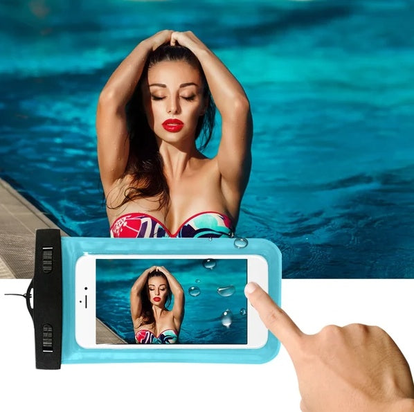 Woman in colorful swimsuit posing in pool, captured clearly through waterproof phone case