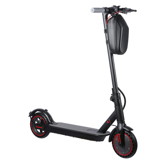 Black electric scooter with red accents and a black handlebar bag isolated on white