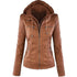 Fashion Detachable Hooded Jacket With Pockets Casual Solid Color Zipper Long Sleeve Leather Coat Autumn Winter Women&
