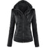 Fashion Detachable Hooded Jacket With Pockets Casual Solid Color Zipper Long Sleeve Leather Coat Autumn Winter Women&