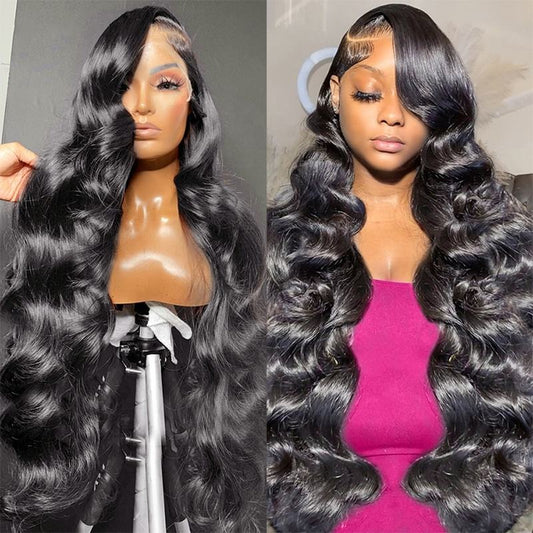Side-by-side images of long, wavy black hair styled on mannequin head and woman wearing pink top